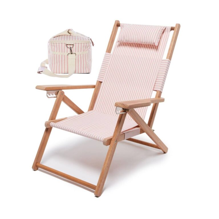 Wooden folding beach chair set with Oxford fabric and customizable cooler bag