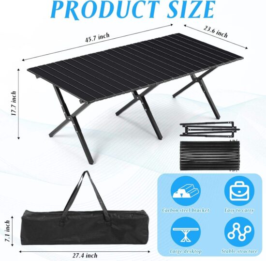 Black Portable Roll-Up Camping Table for Outdoor Dining