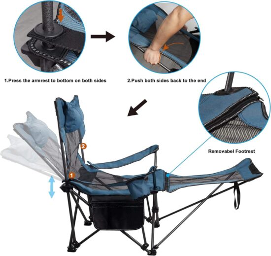 Camping folding chair with foot rest, collapsible for travel and fishing