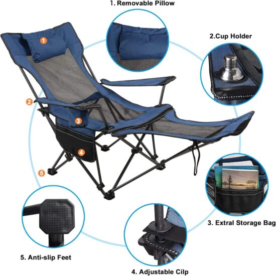 Camping folding chair with foot rest, collapsible for travel and fishing