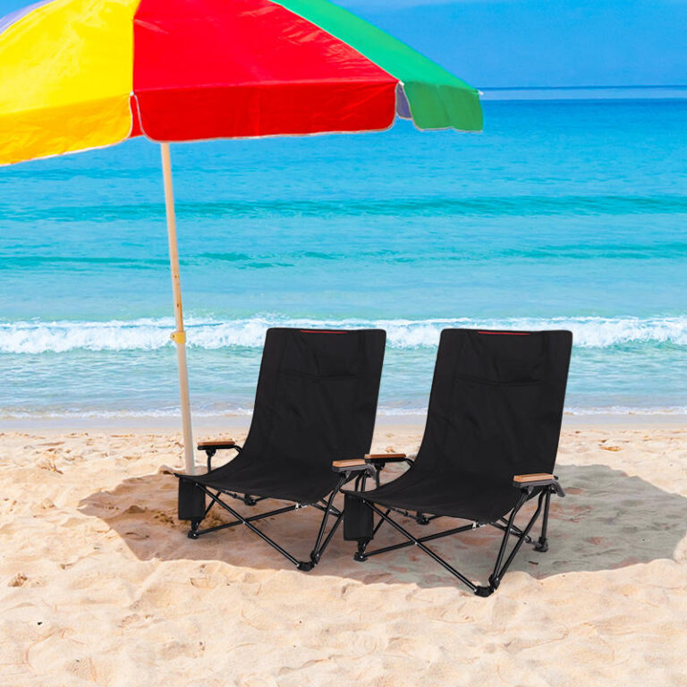 Cheap foldable camping lounge chair with removable footrest and pillow
