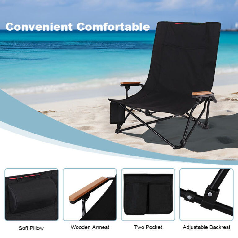 Cheap foldable camping lounge chair with removable footrest and pillow