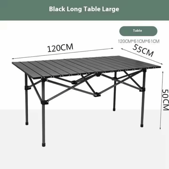 Portable Carbon Steel Folding Egg Roll Table for Camping and PicnicA durable and portable carbon steel folding egg roll table designed for camping, travel, picnics, and BBQ. Long table with folding legs for easy transport and storage.

