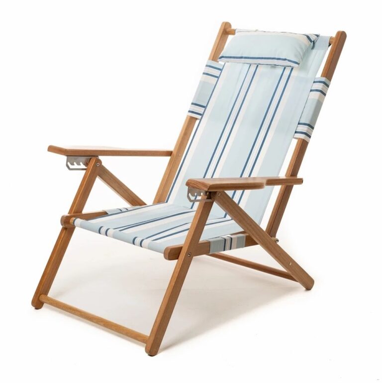 Custom wooden beach lounge chair with pillow and patterned oxford cloth