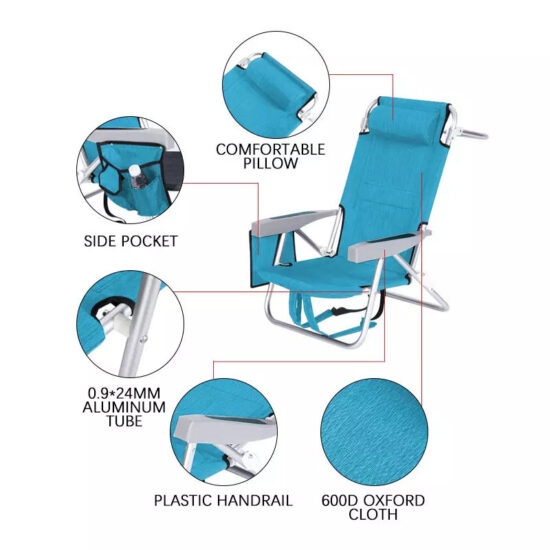 Adjustable outdoor beach lounge chair with plastic handrails, storage, and ice bag
