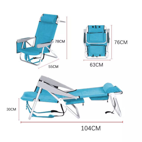 Adjustable outdoor beach lounge chair with plastic handrails, storage, and ice bag