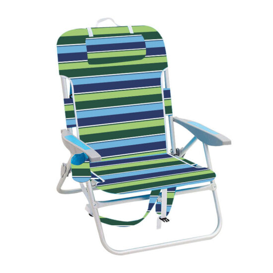 Adjustable outdoor beach lounge chair with plastic handrails, storage, and ice bag