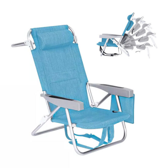 Adjustable outdoor beach lounge chair with plastic handrails, storage, and ice bag