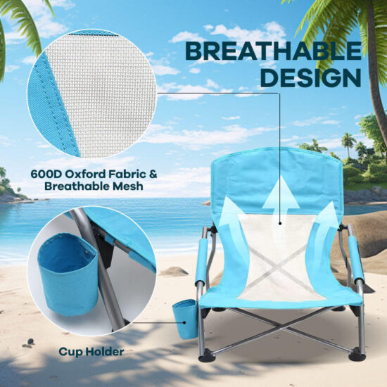 Mesh Back Reclining Folding Beach Chair with Low Seat for Adults