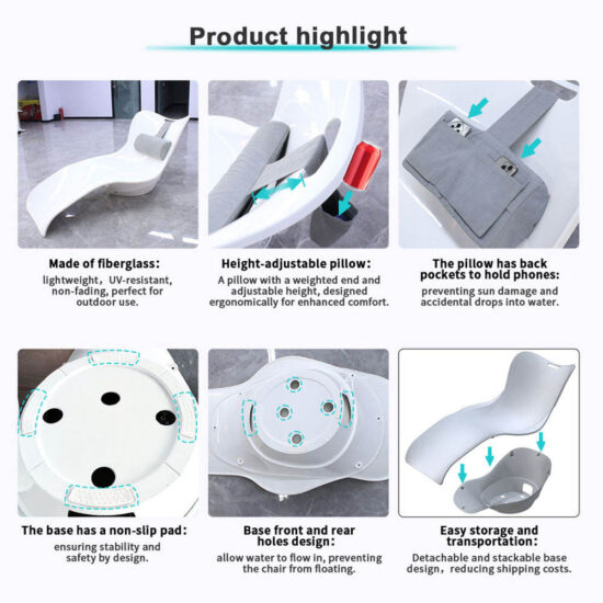 Modern in-water fiberglass ledge chaise lounge chair for swimming pool