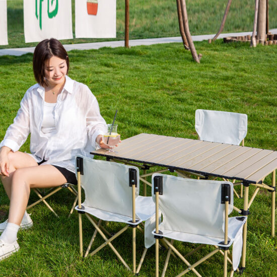 Modern Portable Folding Picnic Table and Chair Set with Metal Storage Design