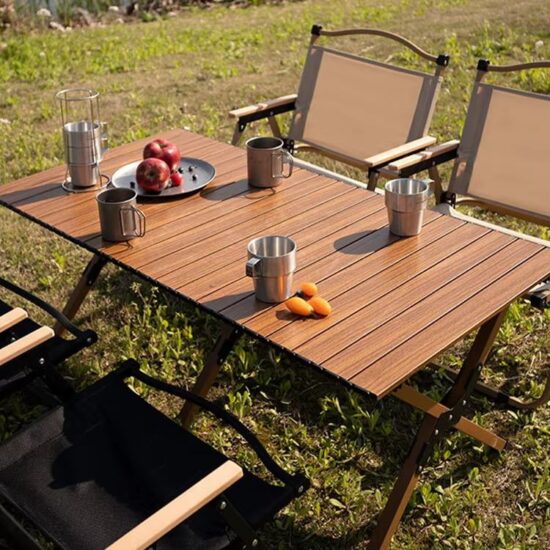 Outdoor Camping Full Set – Folding Table and Chairs with Carbon Steel Chicken Rolls Table