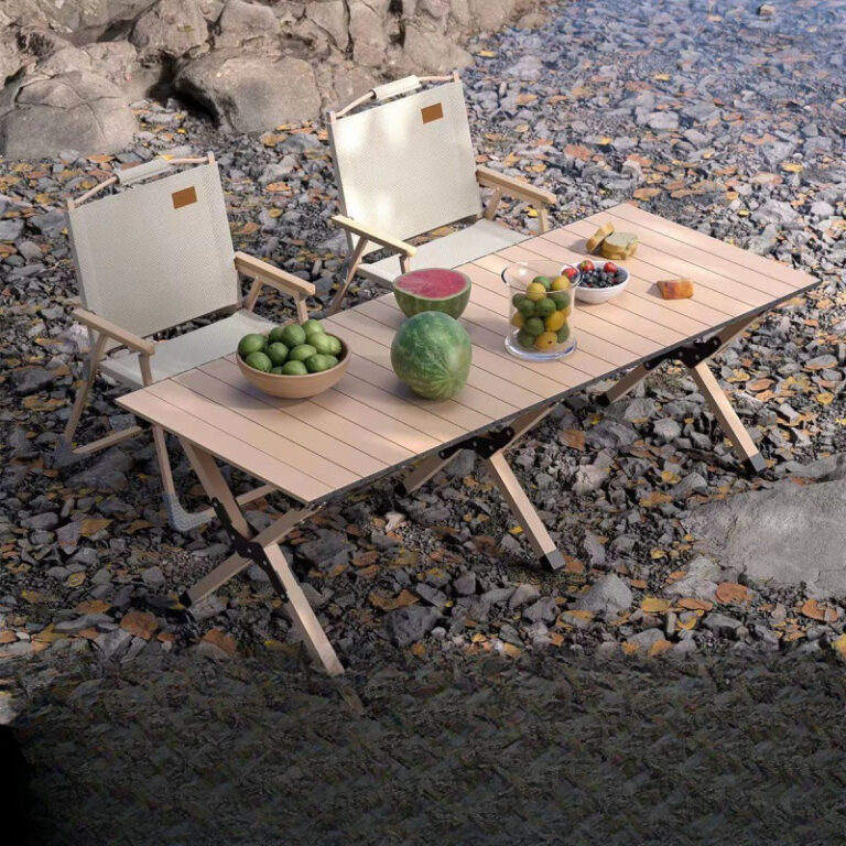 Portable roll-up camping table with foldable design for outdoor use