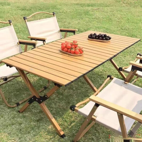Portable roll-up camping table with foldable design for outdoor use