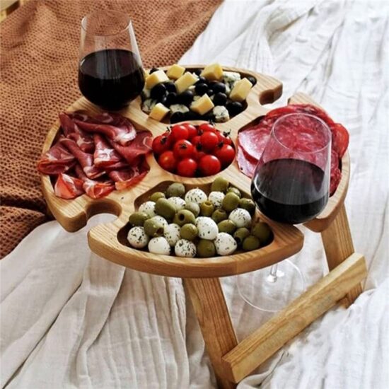 Portable Wooden Foldable Wine Picnic Table with Glass Holders for Outdoor Use