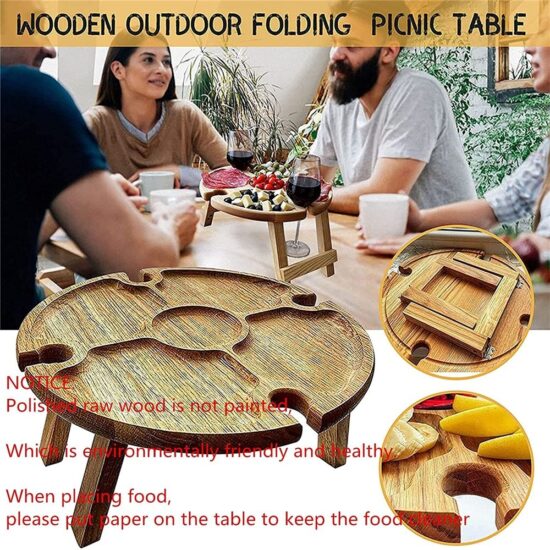 Portable Wooden Foldable Wine Picnic Table with Glass Holders for Outdoor Use