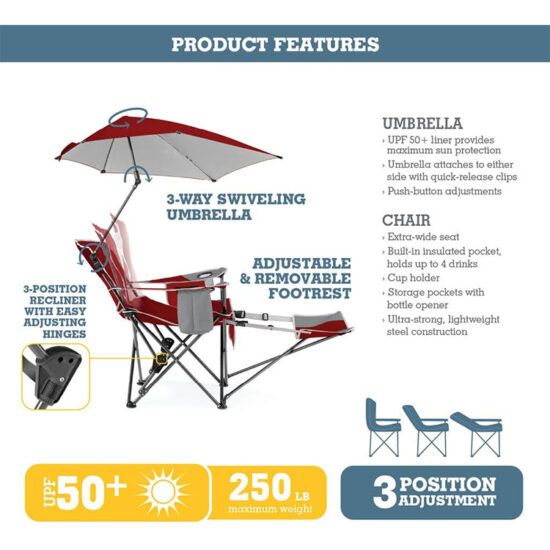 Foldable Outdoor Recliner Beach Chair with Umbrella Footrest for Fishing and Picnic